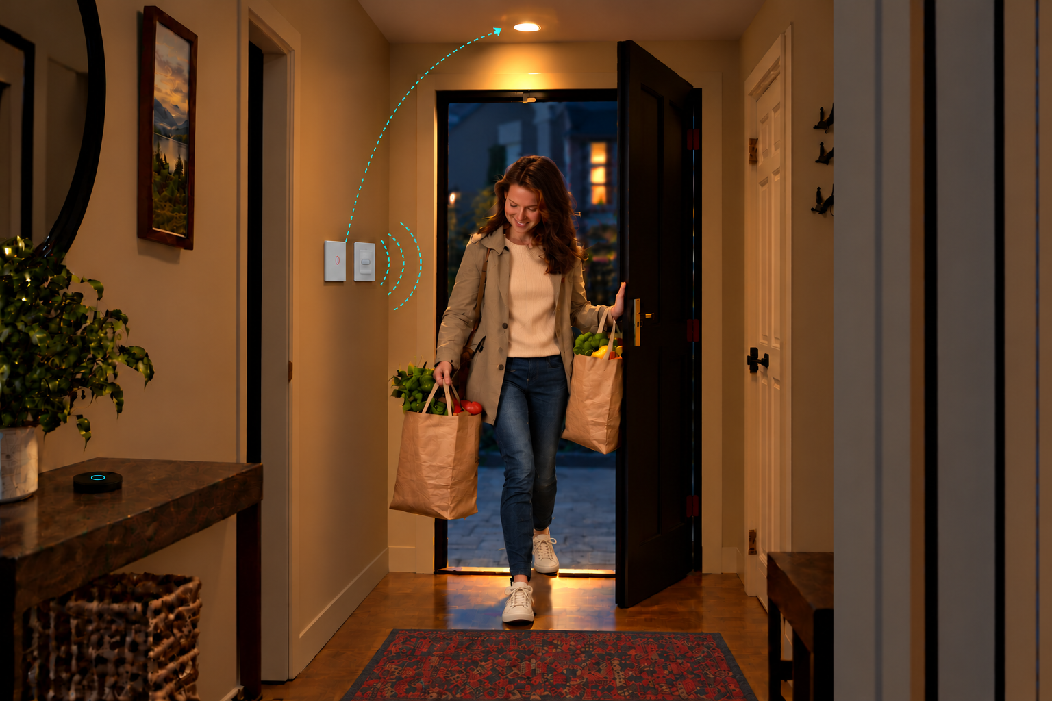 Entryway with a LIVOLO wall switch, human presence sensor and Matter gateway for arrival lighting