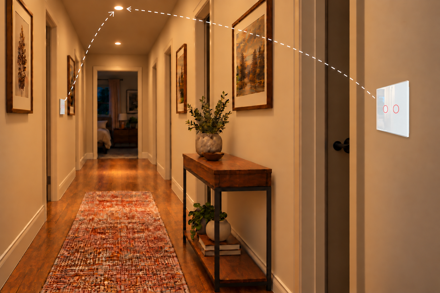Long hallway with two ceiling lights and two white switches controlling the same lighting