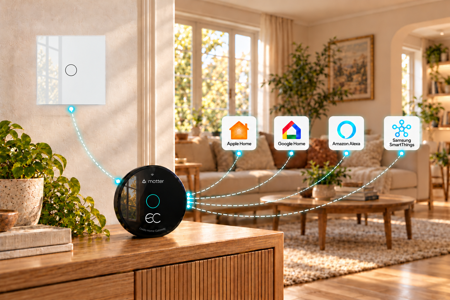 LIVOLO no-neutral-wire switch and Matter gateway connecting Apple Home, Google Home, Amazon Alexa and Samsung SmartThings