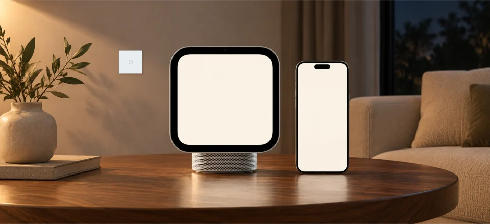 Square smart display beside an iPhone in a warm nighttime living room