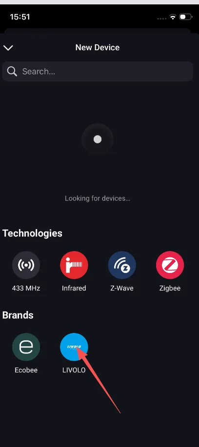 In New Device, scroll to Brands → LIVOLO